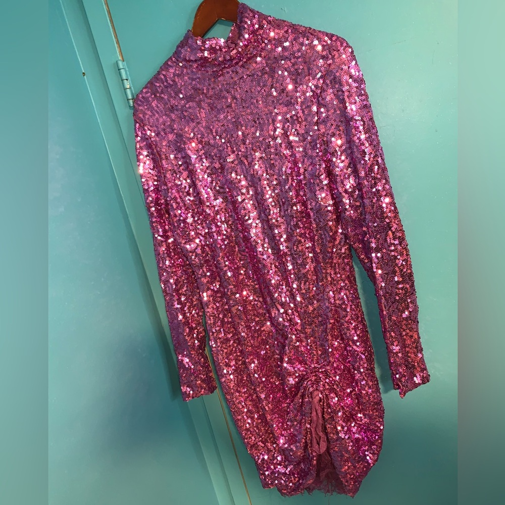 Open Back Sequin Long Sleeve Dress with Ruched Lace